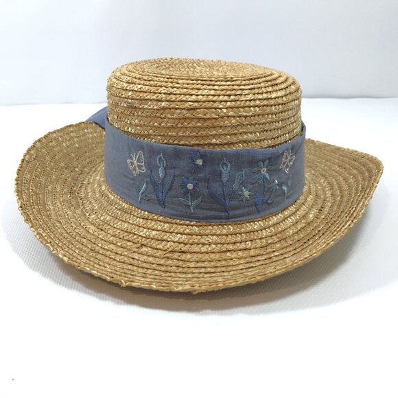 Vintage Straw Brimmed Summer Hat Floral Embroided Band